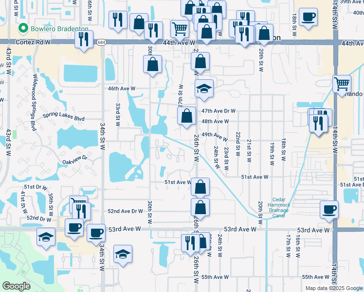 map of restaurants, bars, coffee shops, grocery stores, and more near 2745 50th Avenue West in South Bradenton