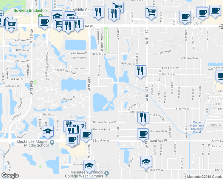 map of restaurants, bars, coffee shops, grocery stores, and more near 4919 31st Street West in Bradenton