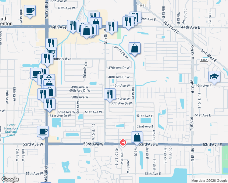 map of restaurants, bars, coffee shops, grocery stores, and more near 403 49th Avenue Drive West in Bradenton