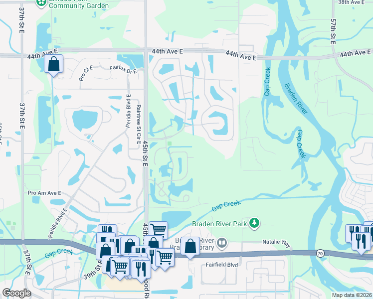 map of restaurants, bars, coffee shops, grocery stores, and more near 4627 Runabout Way in Bradenton
