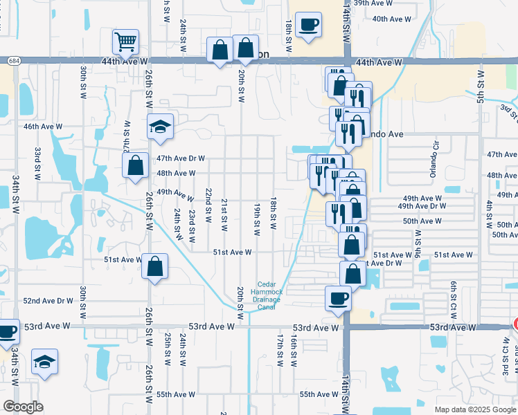 map of restaurants, bars, coffee shops, grocery stores, and more near 4905B 19th Street West in Bradenton