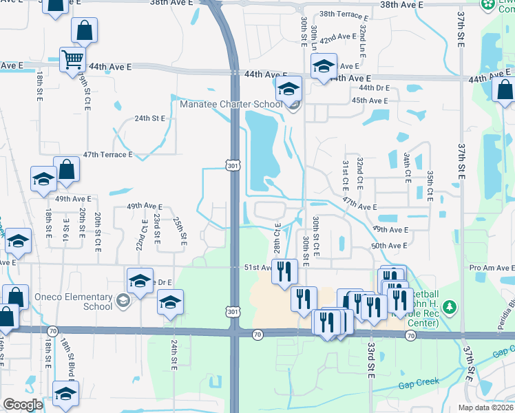 map of restaurants, bars, coffee shops, grocery stores, and more near 2849 48th Way East in Bradenton