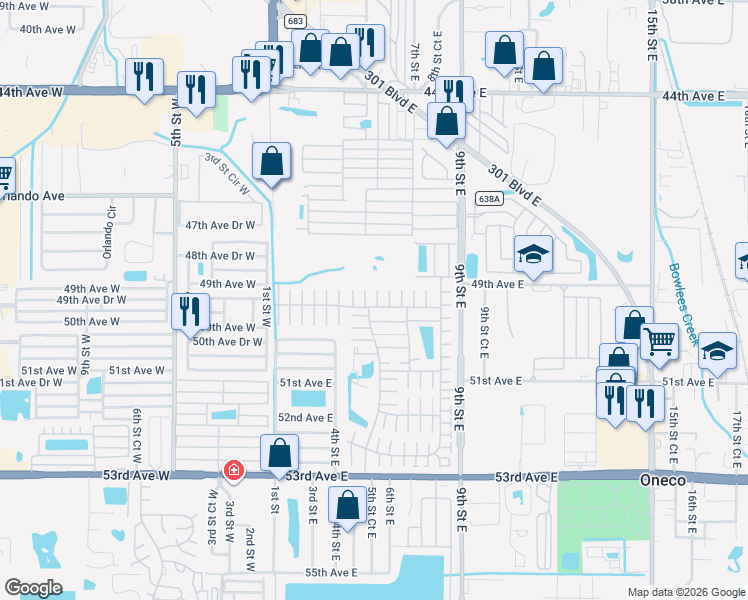 map of restaurants, bars, coffee shops, grocery stores, and more near 4906 5th A Street East in Bradenton