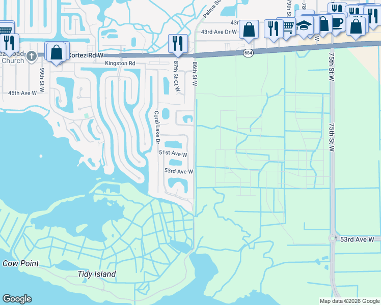 map of restaurants, bars, coffee shops, grocery stores, and more near 5021 86th Street Court West in Bradenton