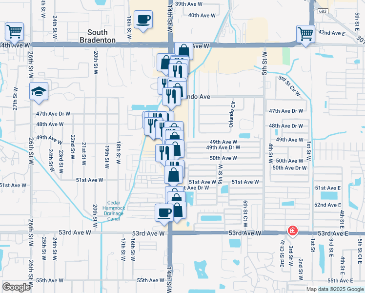 map of restaurants, bars, coffee shops, grocery stores, and more near 4007 14th Street West in Bradenton