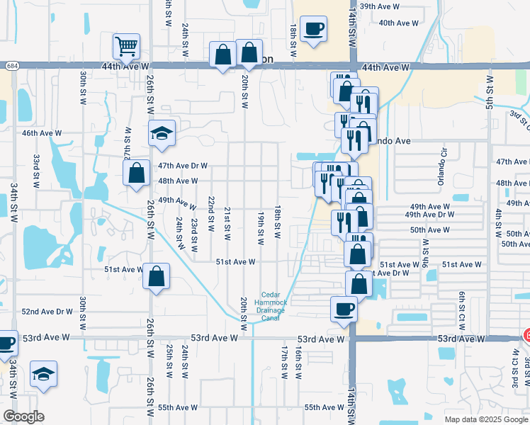 map of restaurants, bars, coffee shops, grocery stores, and more near 4905B 19th Street West in Bradenton