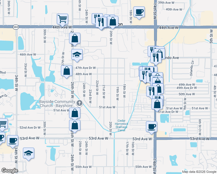 map of restaurants, bars, coffee shops, grocery stores, and more near 2008 49th Avenue West in Bradenton
