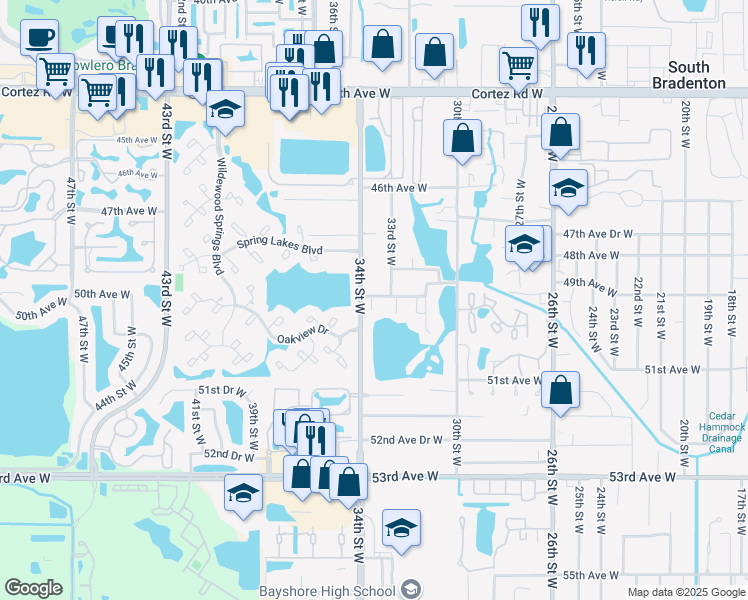 map of restaurants, bars, coffee shops, grocery stores, and more near 4911 34th Street West in Bradenton