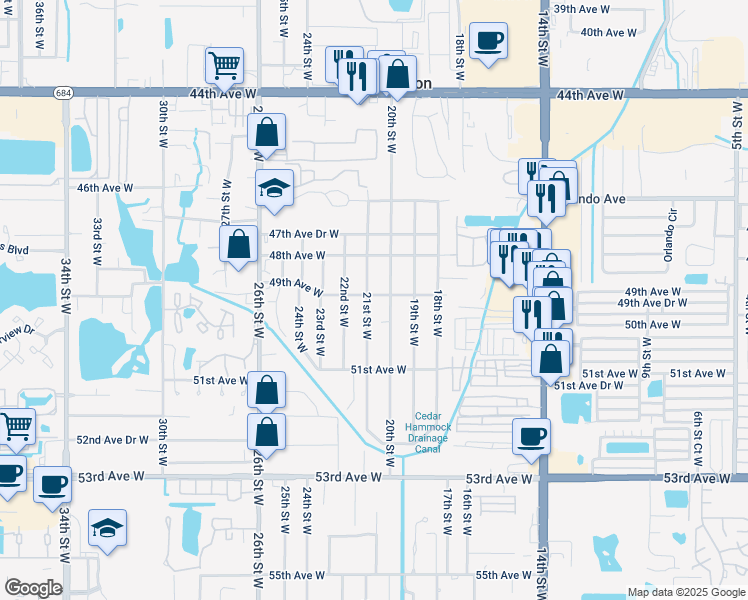 map of restaurants, bars, coffee shops, grocery stores, and more near 2008 49th Avenue West in Bradenton