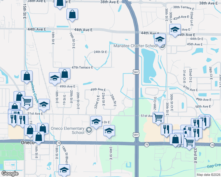 map of restaurants, bars, coffee shops, grocery stores, and more near 2407 49th Avenue East in Bradenton