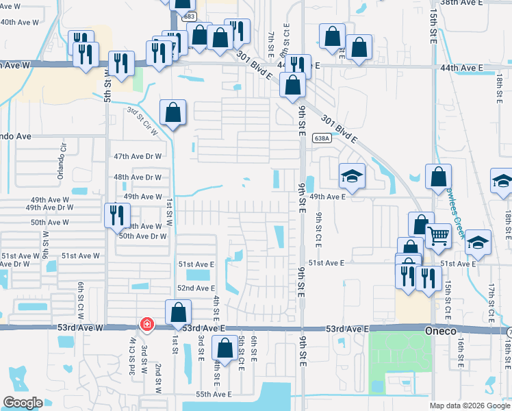 map of restaurants, bars, coffee shops, grocery stores, and more near 4906 5th A Street East in Bradenton