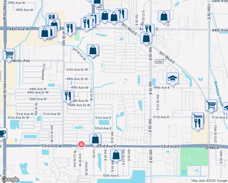 map of restaurants, bars, coffee shops, grocery stores, and more near 4905 4th A Street East in Bradenton