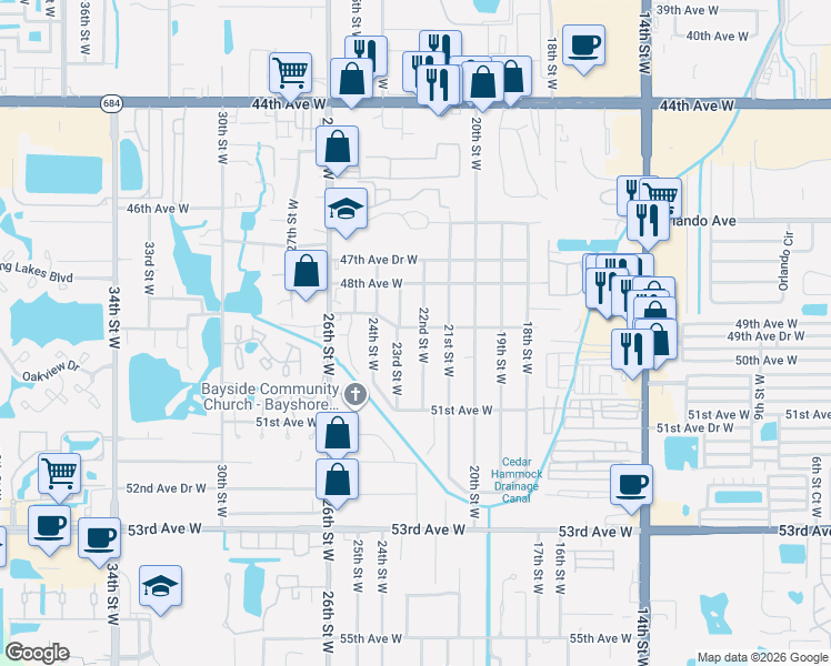 map of restaurants, bars, coffee shops, grocery stores, and more near 2204B 49th Avenue West in Bradenton