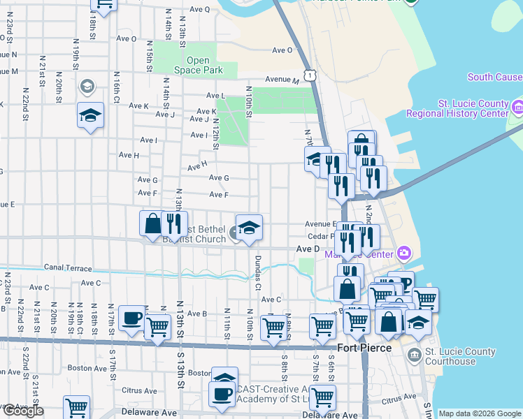 map of restaurants, bars, coffee shops, grocery stores, and more near 614 Dundas Court in Fort Pierce