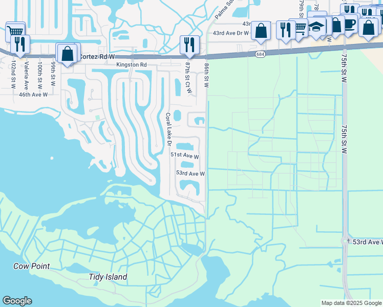 map of restaurants, bars, coffee shops, grocery stores, and more near 8703 51st Avenue West in Bradenton