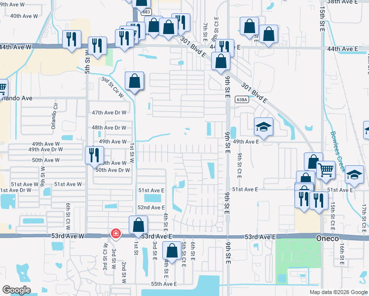 map of restaurants, bars, coffee shops, grocery stores, and more near 4906 5th A Street East in Bradenton