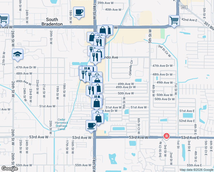 map of restaurants, bars, coffee shops, grocery stores, and more near 1111 49th Avenue Drive West in Bradenton