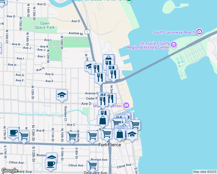 map of restaurants, bars, coffee shops, grocery stores, and more near 635 North 2nd Street in Fort Pierce