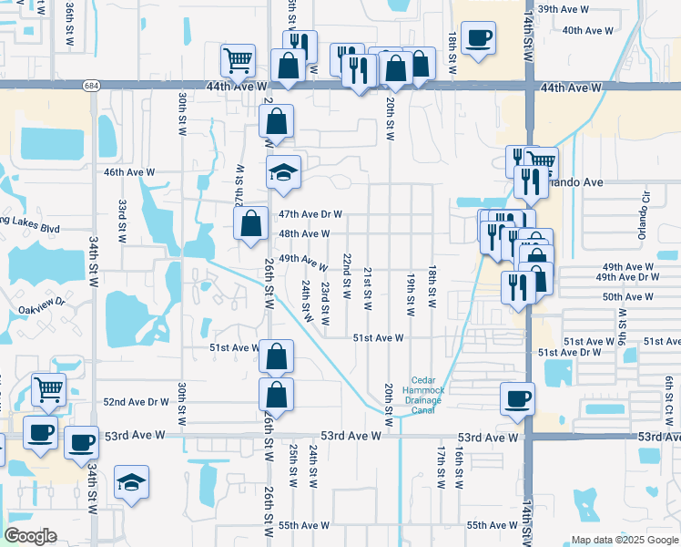 map of restaurants, bars, coffee shops, grocery stores, and more near 2204B 49th Avenue West in Bradenton