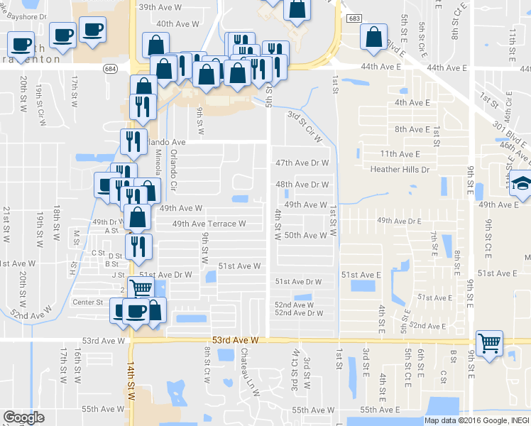 map of restaurants, bars, coffee shops, grocery stores, and more near 4911 5th Street Court West in Bradenton