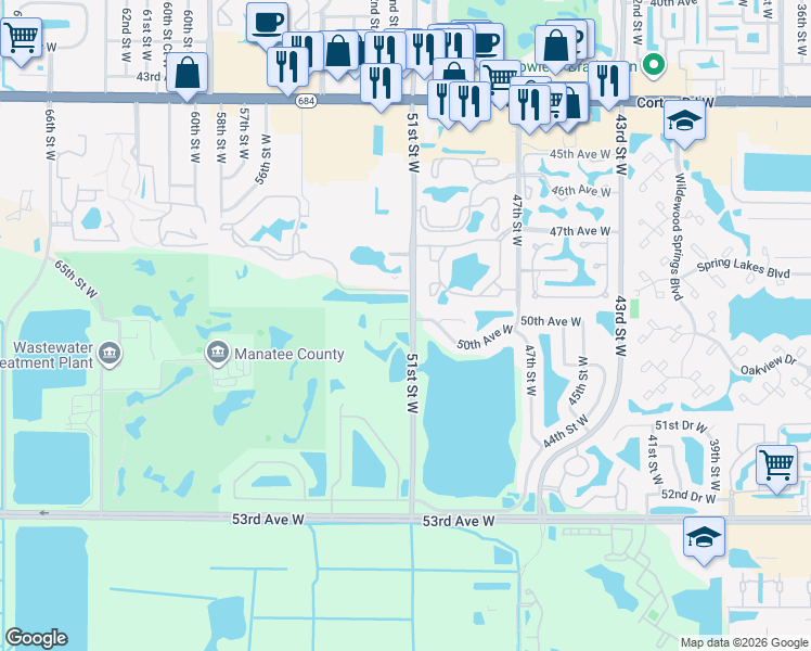 map of restaurants, bars, coffee shops, grocery stores, and more near 5106 50th Avenue West in Bradenton