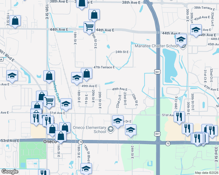 map of restaurants, bars, coffee shops, grocery stores, and more near 2113 49th Avenue East in Bradenton