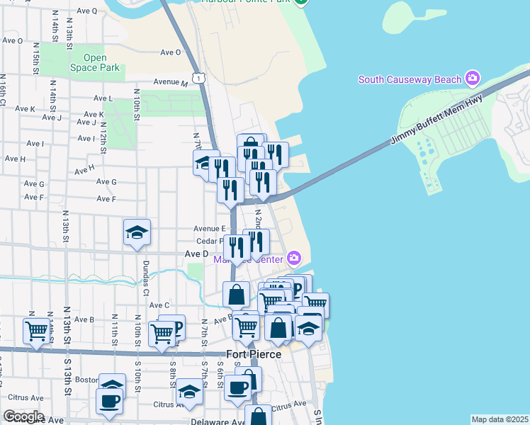 map of restaurants, bars, coffee shops, grocery stores, and more near 701 North Indian River Drive in Fort Pierce