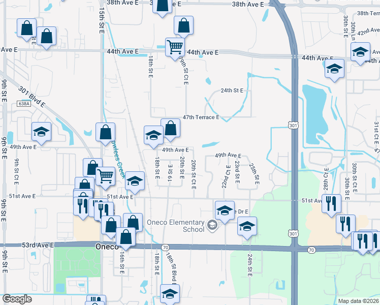 map of restaurants, bars, coffee shops, grocery stores, and more near 4908 20th Street Court East in Bradenton