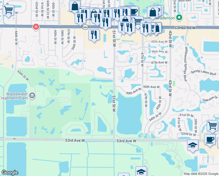 map of restaurants, bars, coffee shops, grocery stores, and more near 5106 50th Avenue West in Bradenton
