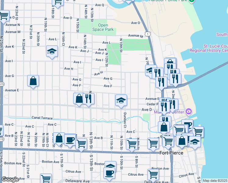 map of restaurants, bars, coffee shops, grocery stores, and more near 1102 Avenue East in Fort Pierce