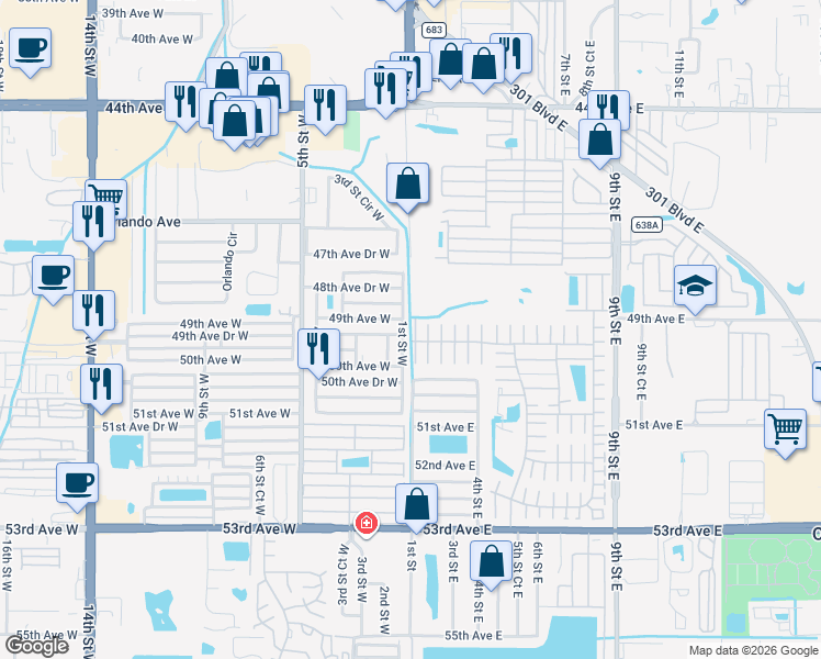 map of restaurants, bars, coffee shops, grocery stores, and more near 4908 1st A Street East in Bradenton