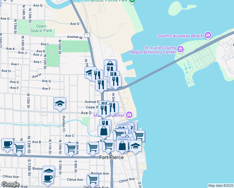 map of restaurants, bars, coffee shops, grocery stores, and more near 701 North Indian River Drive in Fort Pierce