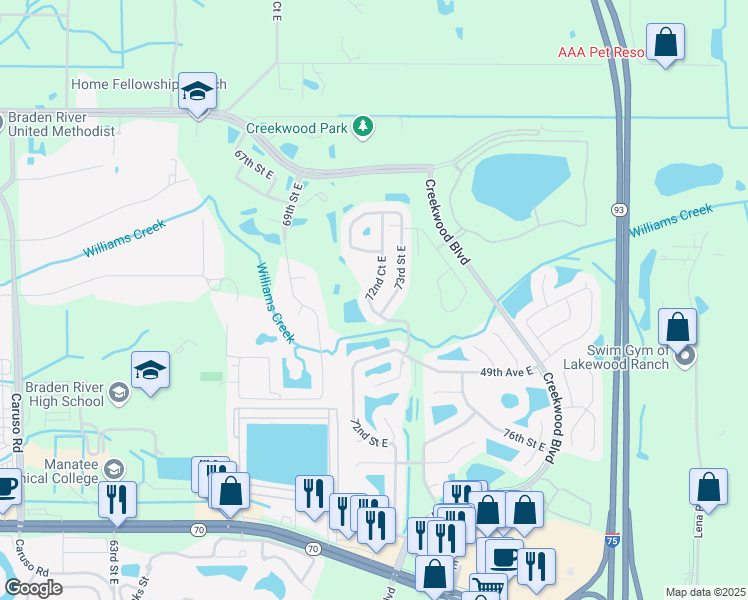 map of restaurants, bars, coffee shops, grocery stores, and more near 4673 72nd Court East in Bradenton