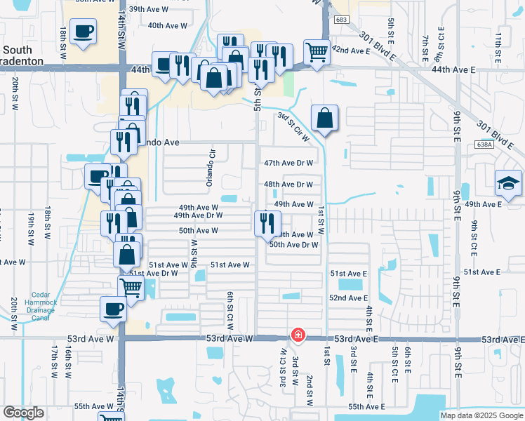 map of restaurants, bars, coffee shops, grocery stores, and more near 4911 5th Street Court West in Bradenton