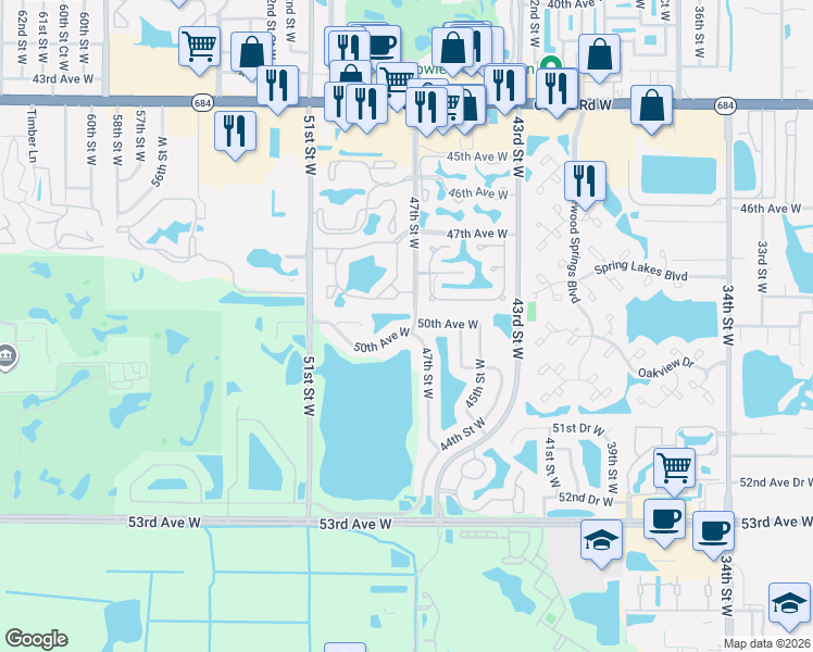 map of restaurants, bars, coffee shops, grocery stores, and more near 4638 50th Avenue West in Bradenton