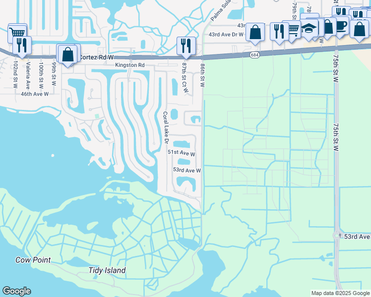 map of restaurants, bars, coffee shops, grocery stores, and more near 8703 51st Avenue West in Bradenton