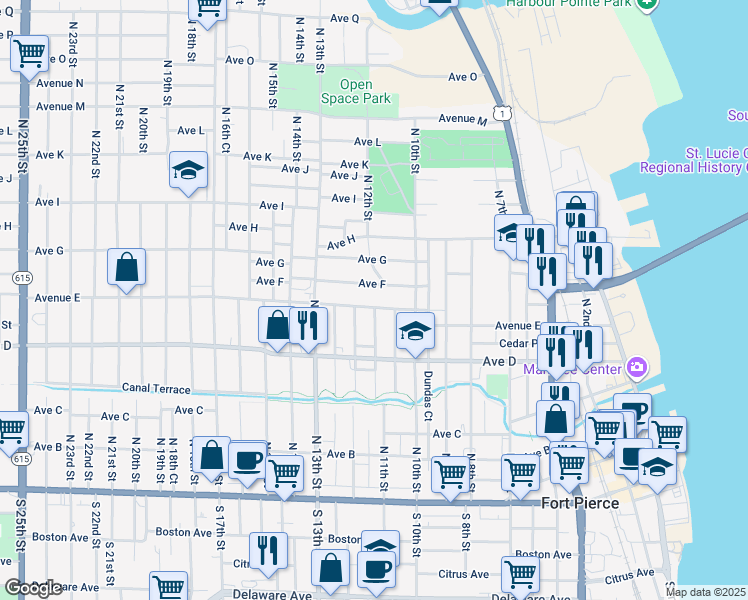 map of restaurants, bars, coffee shops, grocery stores, and more near 1124 Avenue East in Fort Pierce