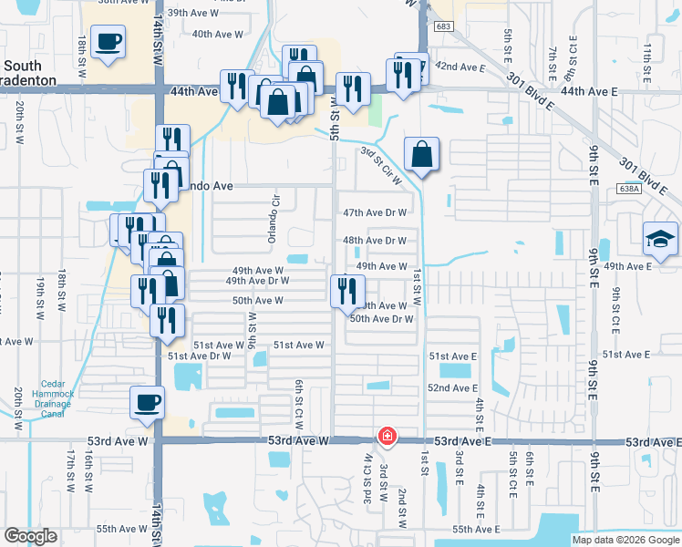 map of restaurants, bars, coffee shops, grocery stores, and more near 4911 5th Street Court West in Bradenton