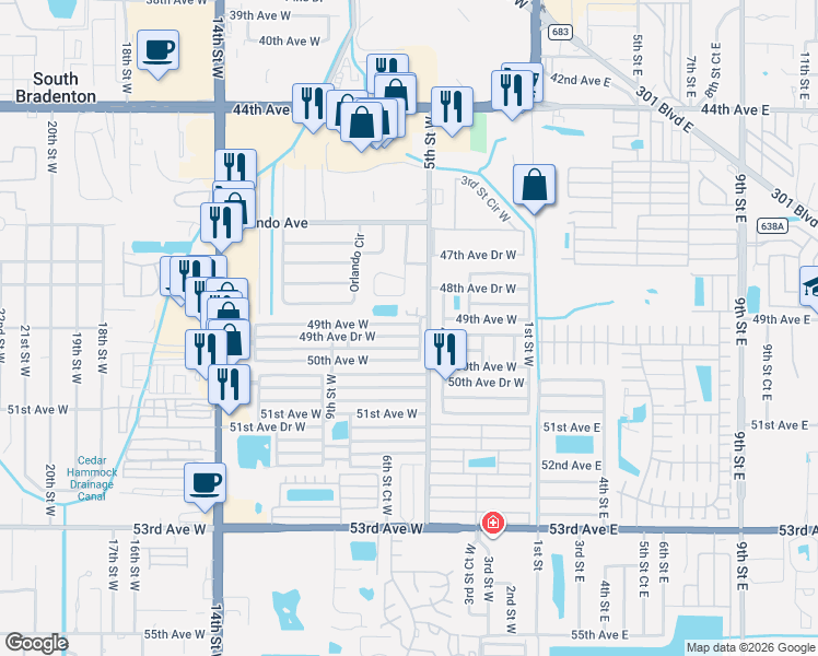 map of restaurants, bars, coffee shops, grocery stores, and more near 4911 5th Street Court West in Bradenton