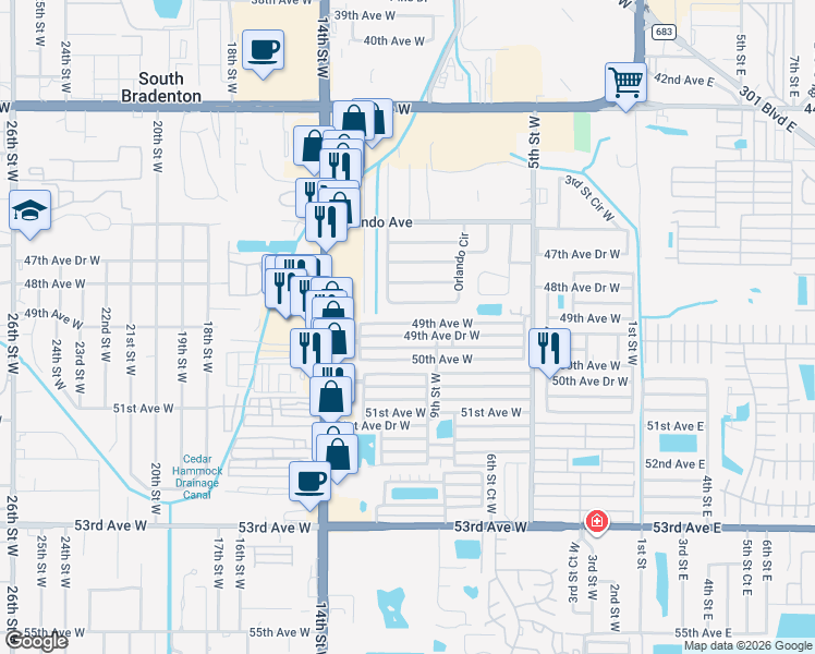 map of restaurants, bars, coffee shops, grocery stores, and more near 919 49th Avenue Drive West in Bradenton