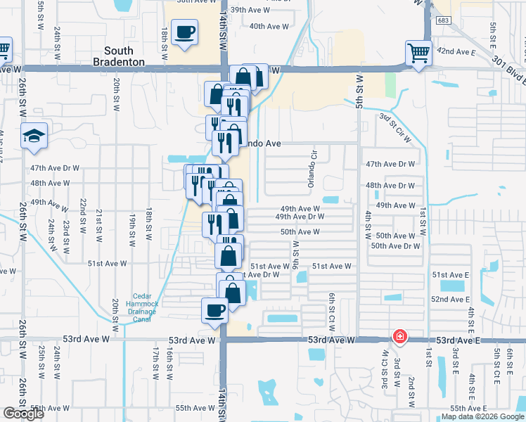 map of restaurants, bars, coffee shops, grocery stores, and more near 1111 49th Avenue Drive West in Bradenton