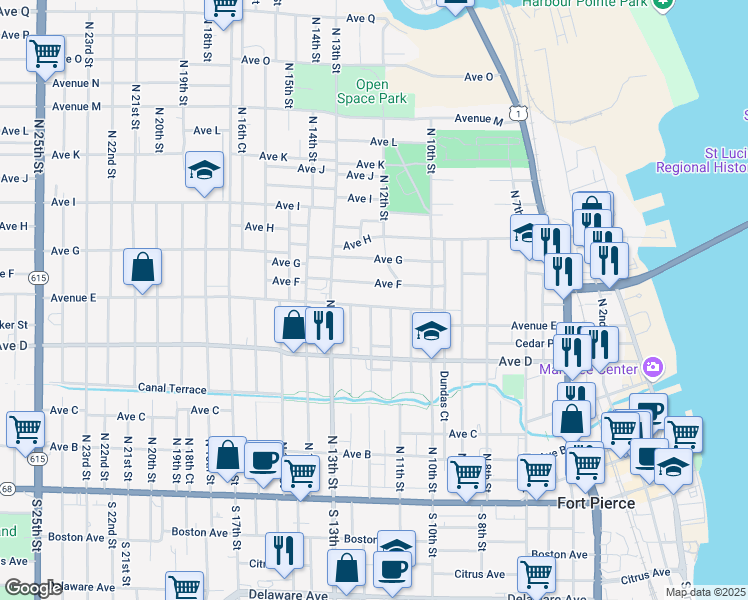 map of restaurants, bars, coffee shops, grocery stores, and more near 1124 Avenue East in Fort Pierce
