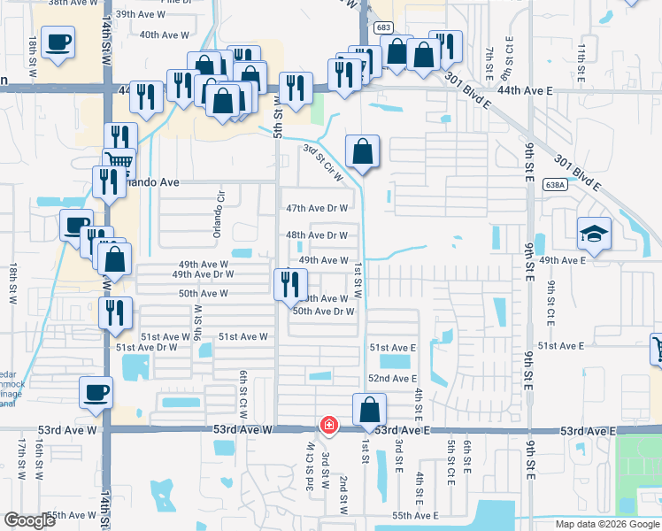 map of restaurants, bars, coffee shops, grocery stores, and more near 205 49th Avenue Drive West in Bradenton