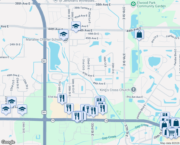 map of restaurants, bars, coffee shops, grocery stores, and more near 3205 47th Avenue East in Bradenton