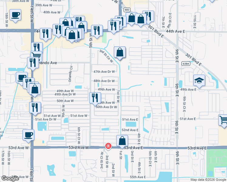 map of restaurants, bars, coffee shops, grocery stores, and more near 205 49th Avenue Drive West in Bradenton
