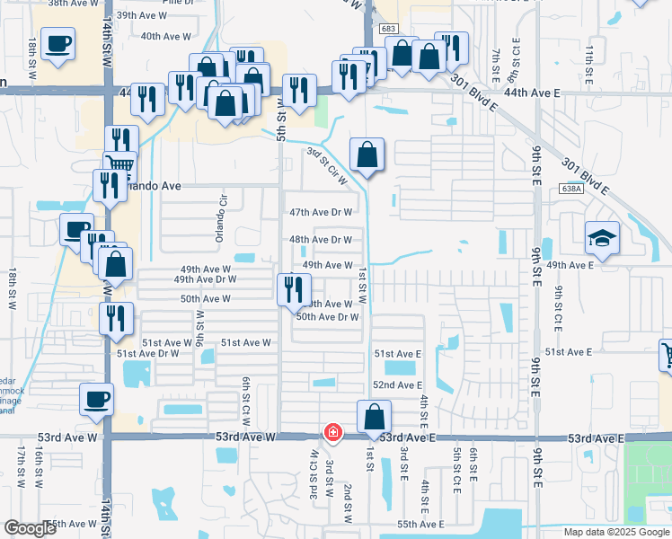 map of restaurants, bars, coffee shops, grocery stores, and more near 205 49th Avenue Drive West in Bradenton