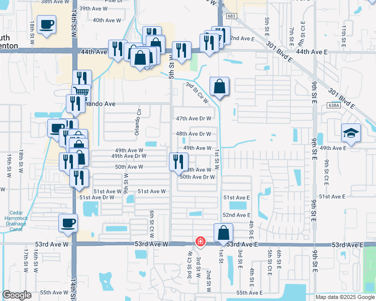 map of restaurants, bars, coffee shops, grocery stores, and more near 403 49th Avenue Drive West in Bradenton