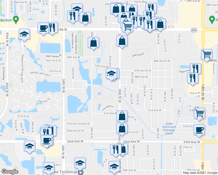 map of restaurants, bars, coffee shops, grocery stores, and more near 2745 50th Avenue West in South Bradenton