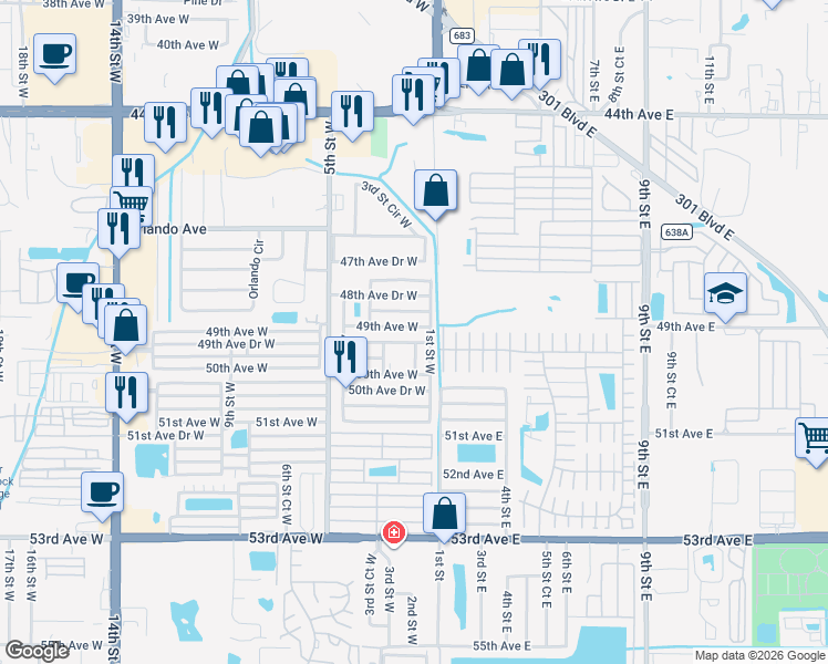 map of restaurants, bars, coffee shops, grocery stores, and more near 205 49th Avenue Drive West in Bradenton