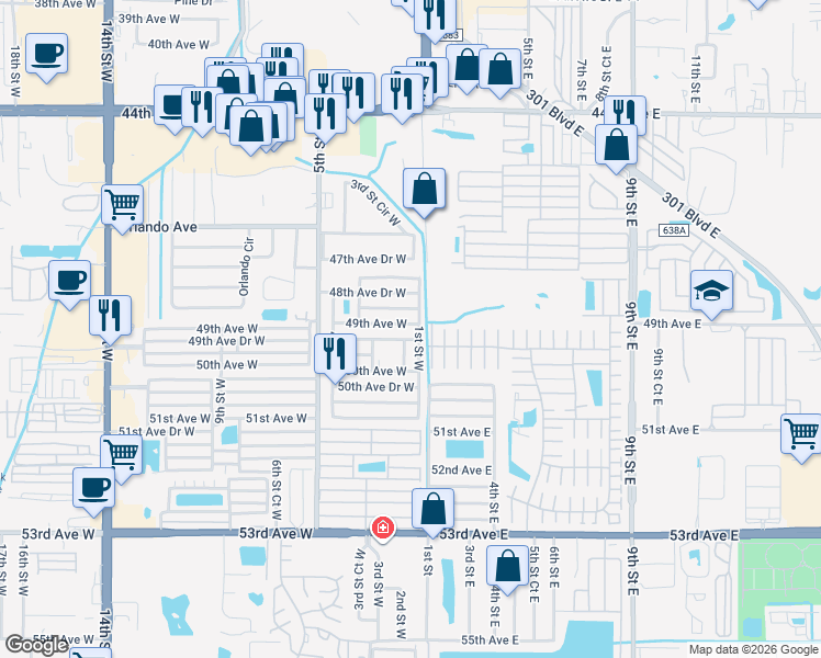 map of restaurants, bars, coffee shops, grocery stores, and more near 4908 1st A Street East in Bradenton